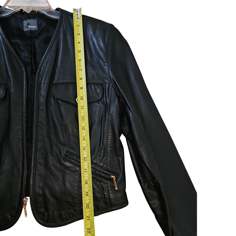 Lizwear Womens Black Leather Jacket Collarless Zip Front Gold Hardware Size M - Picture 8 of 11